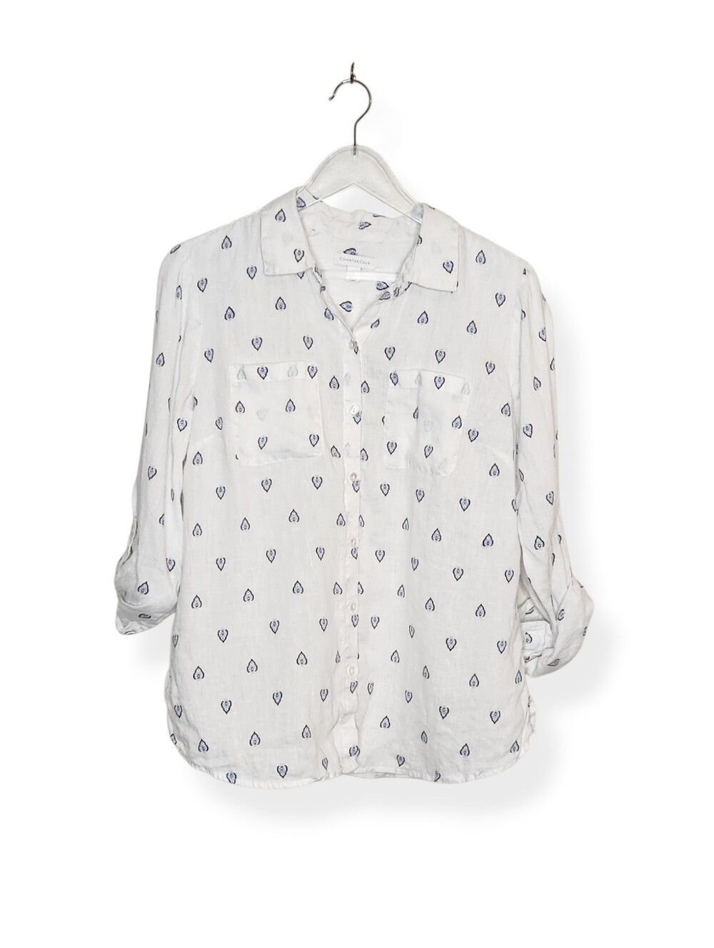 Charter Club Women’s White Linen Button-Up Shirt Blue Paisley Print Size Medium